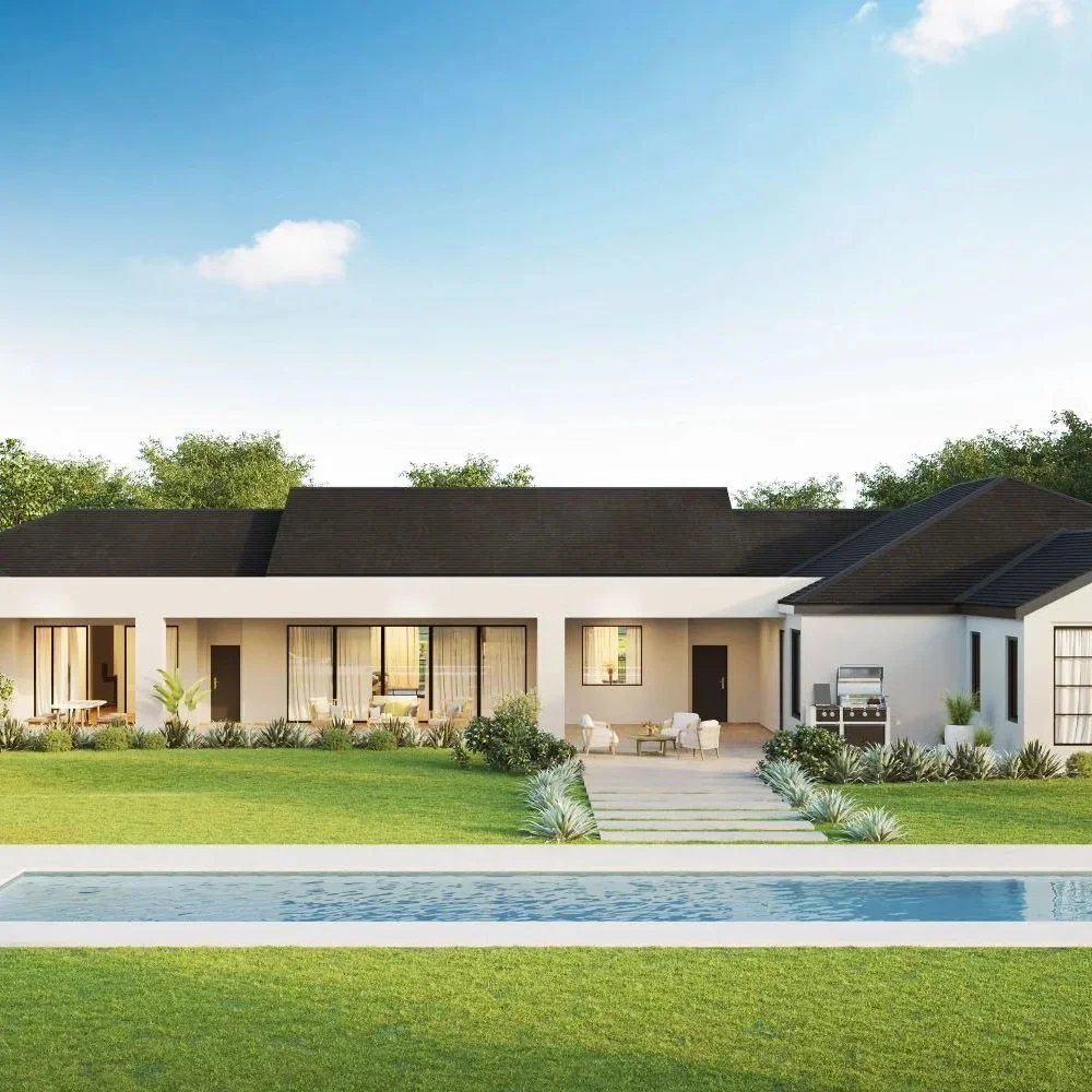 Long lap pool running along the front of a single storey home